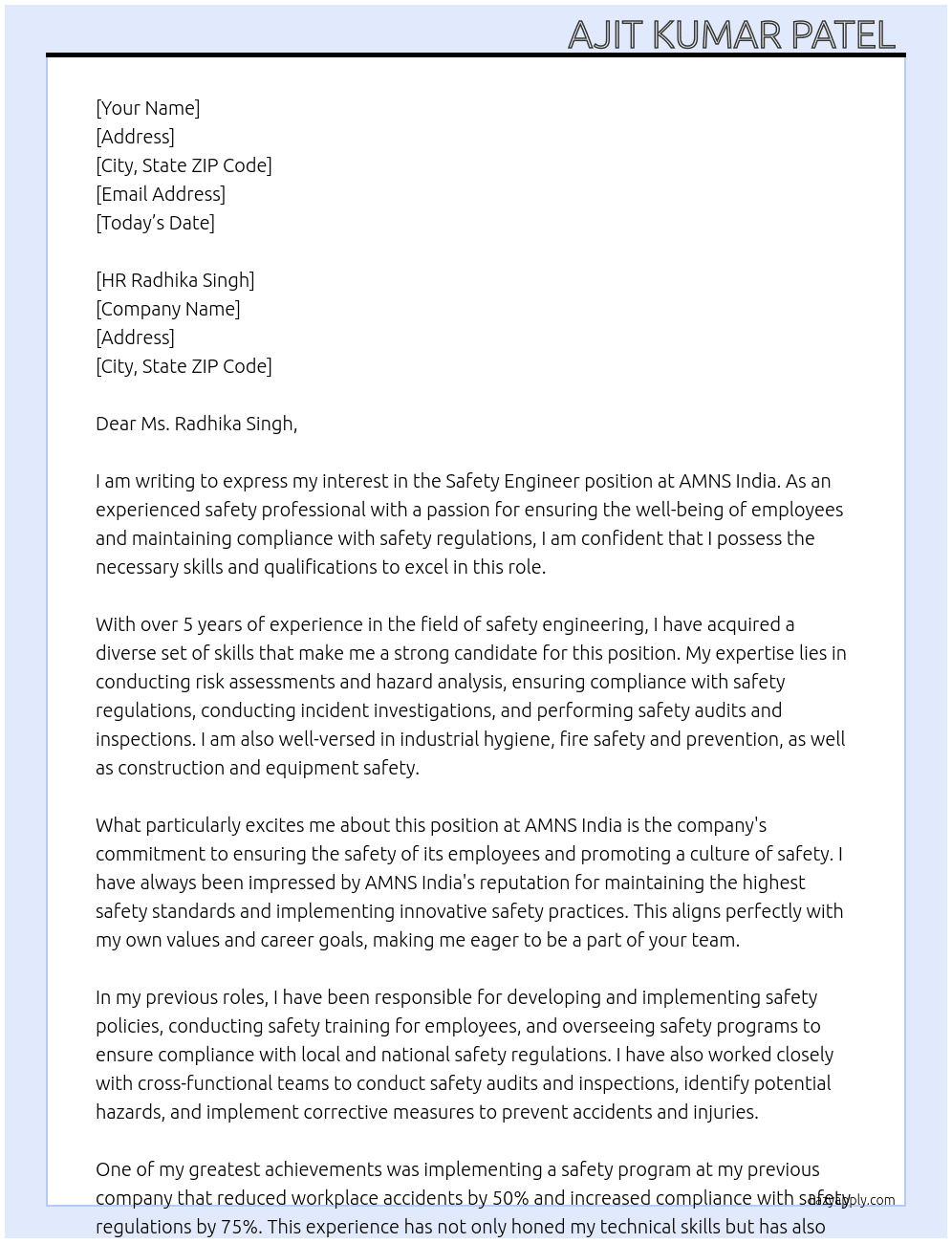 Safety engineer  At AMNS india  Cover Letter