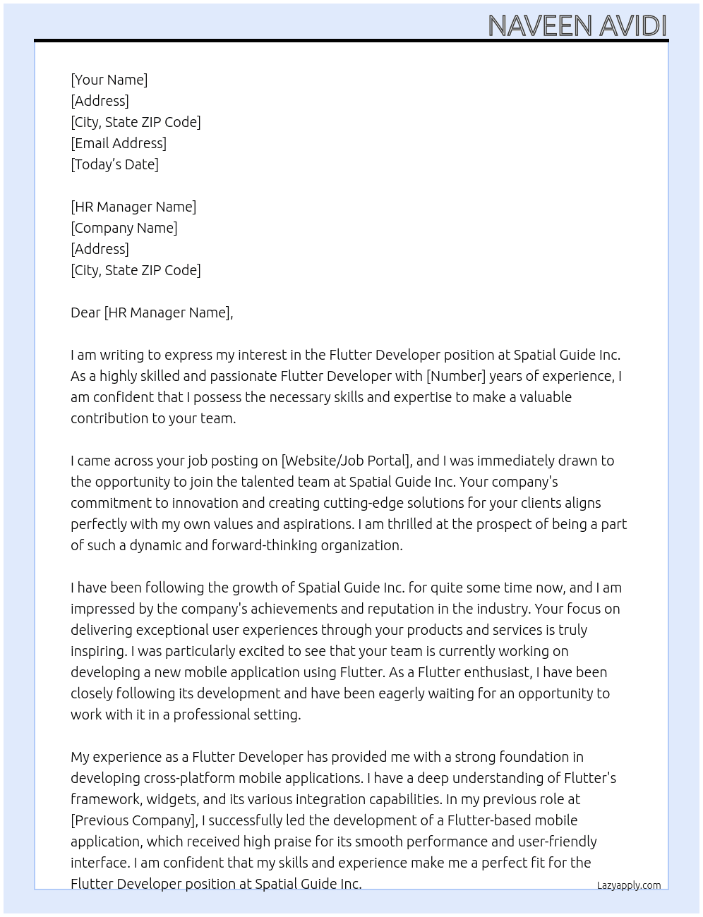 Flutter Developer At Spatial Guide Inc. Cover Letter
