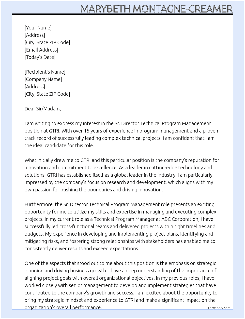 Sr. Director Technical Program Management At GTRI Cover Letter