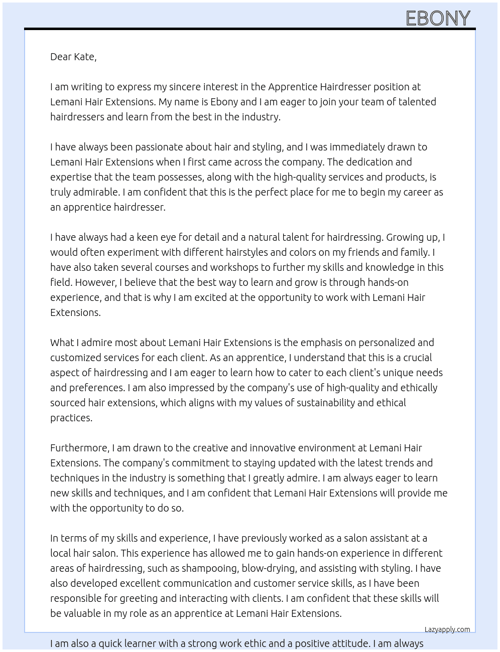 Cover letter for apprentice hairdresser - LazyApply