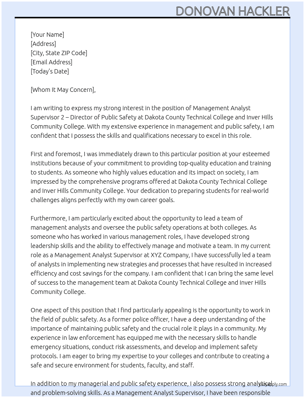 Management Analyst Supervisor 2 - Director of Public Safety At Dakota County Technical College and Inver Hills Community College Cover Letter