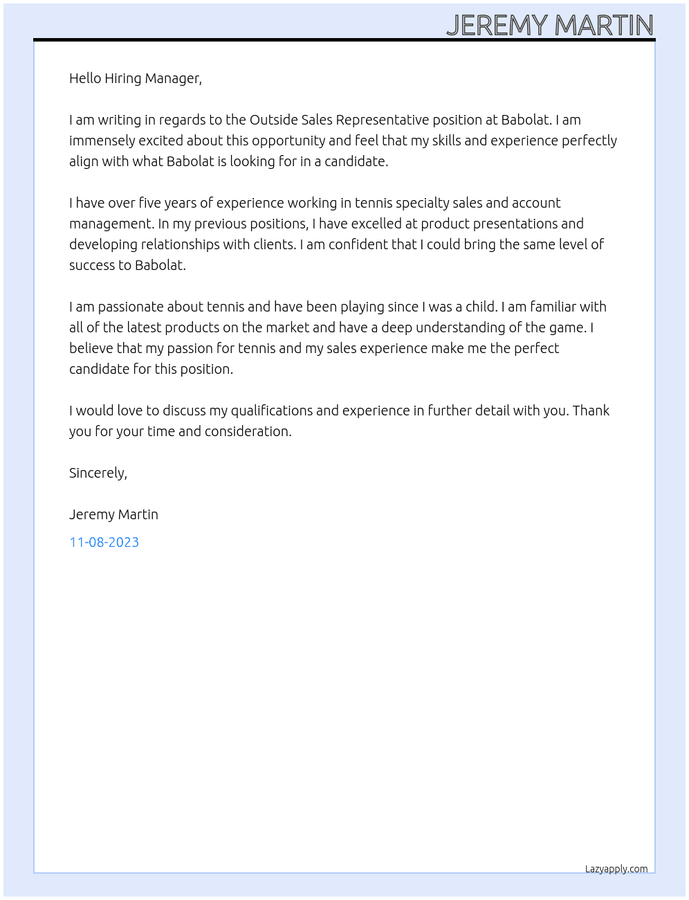 Outside Sales Representative At Babolat Cover Letter