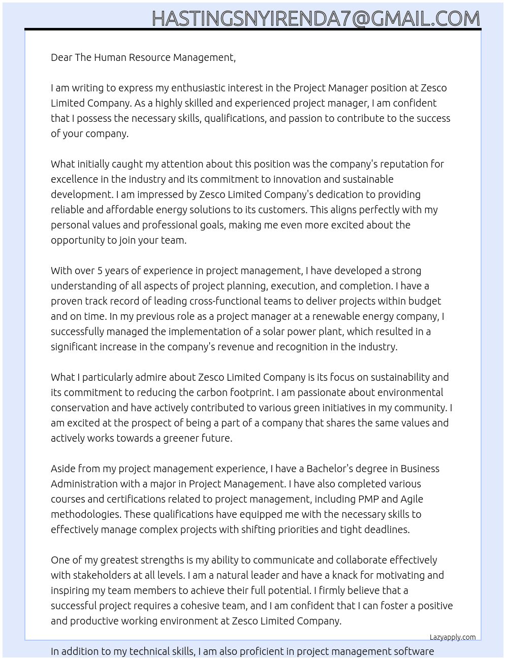Project manager  At Zesco Limited Company  Cover Letter