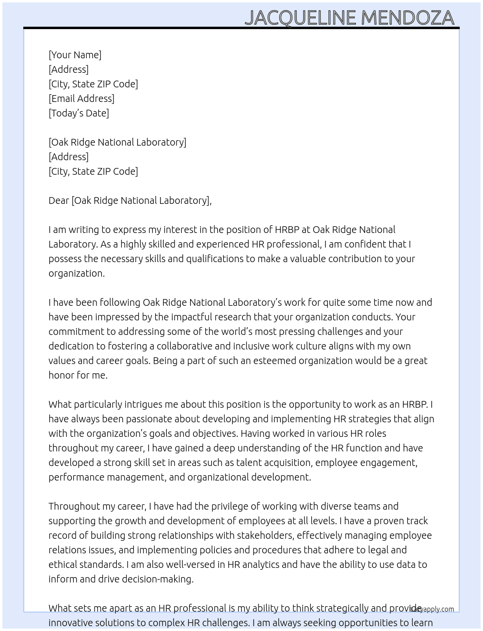 HRBP  At oak ridge national laboratory Cover Letter