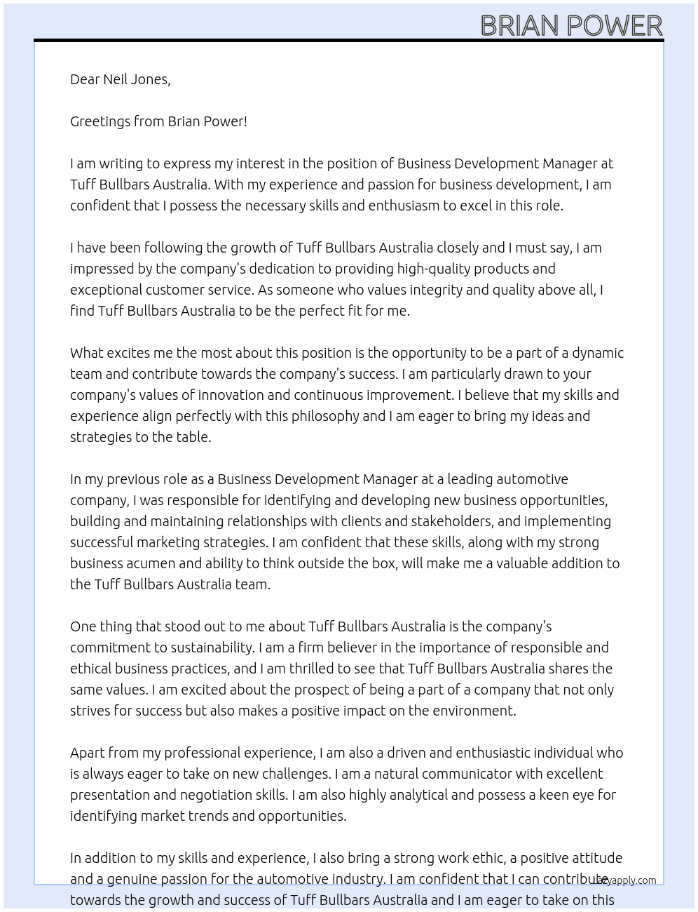 Business Development Manager At Tuff Bullbars Australia Cover Letter