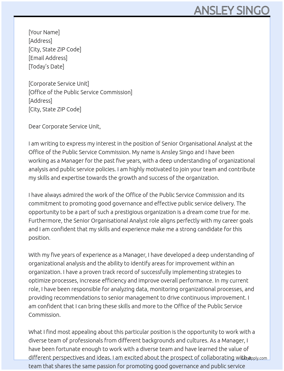 Senior Organisational Analyst At Office of the Public Service Commission Cover Letter