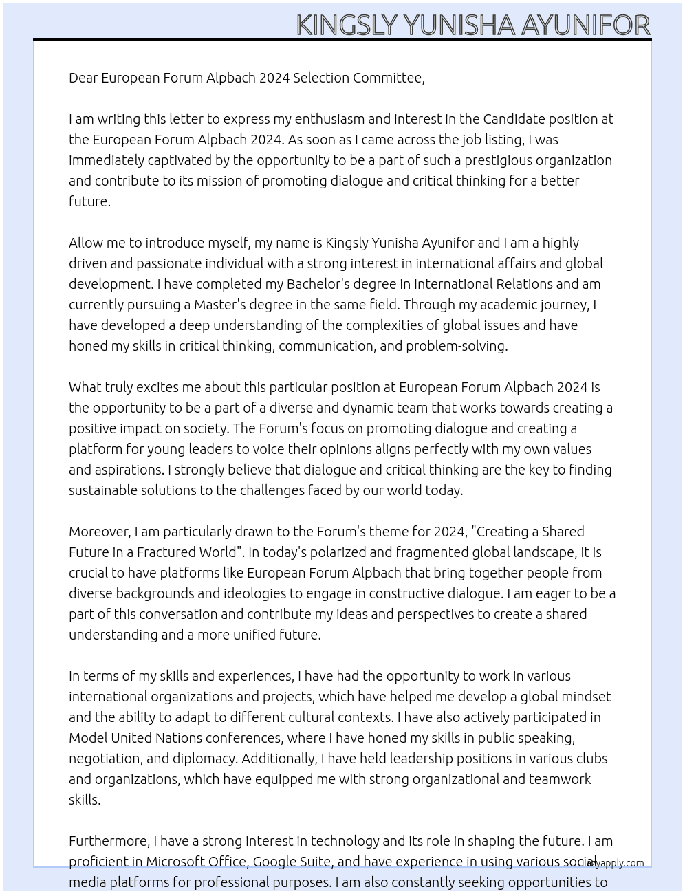 Candidate At European Forum Alpbach 2024 Cover Letter