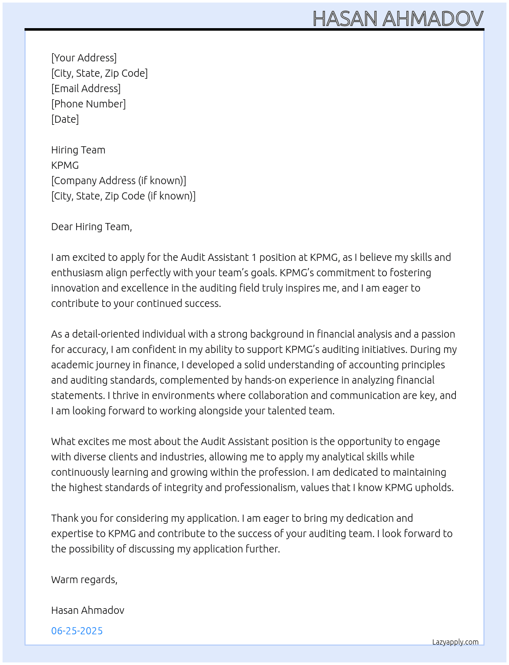 Cover letter for audit assistant 1 - LazyApply