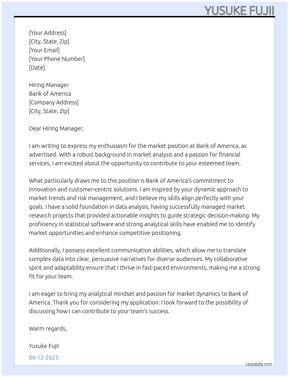 Market At Bank of America Cover Letter