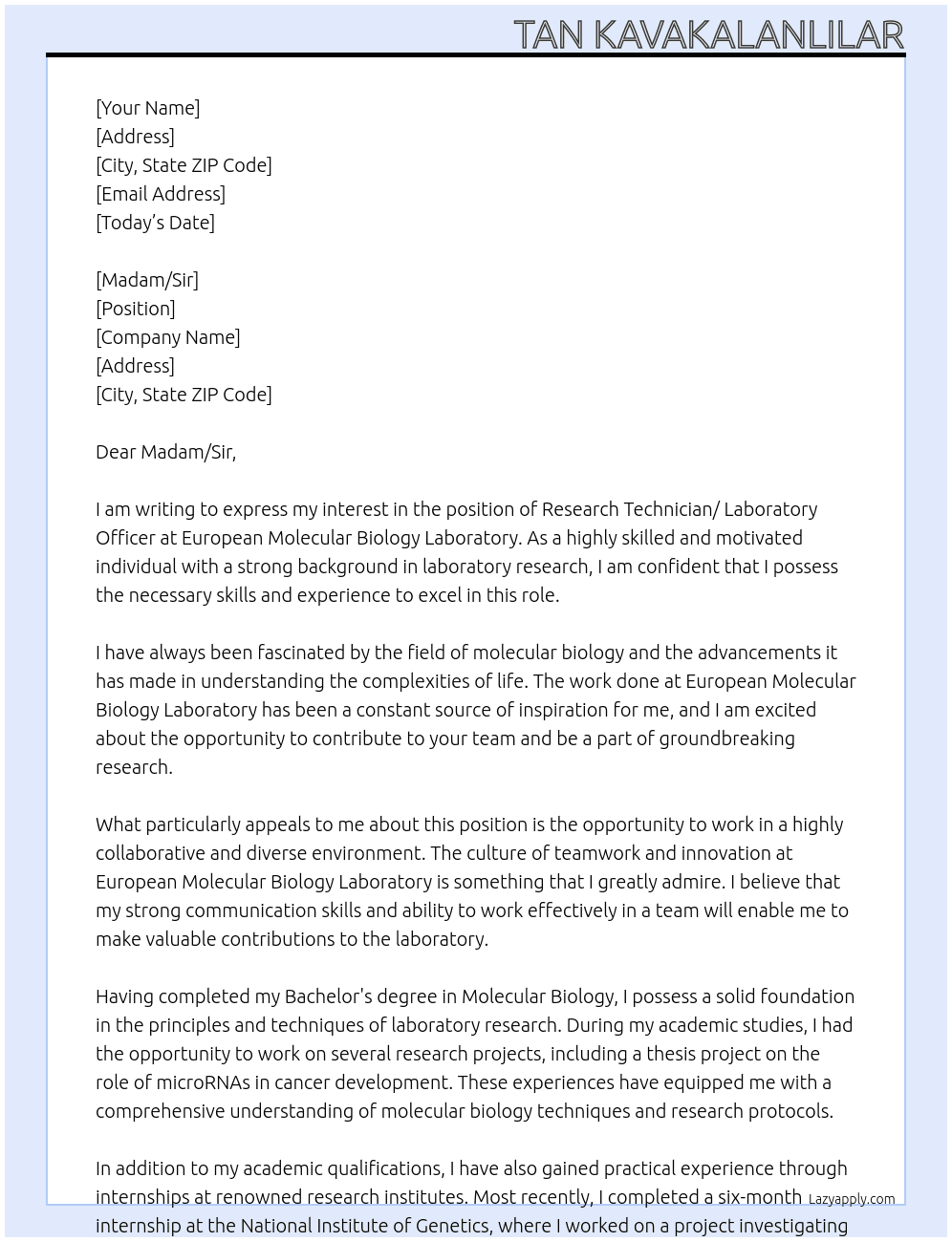 Research Technician/ Laboratory Officer At European Molecular Biology Laboratory Cover Letter