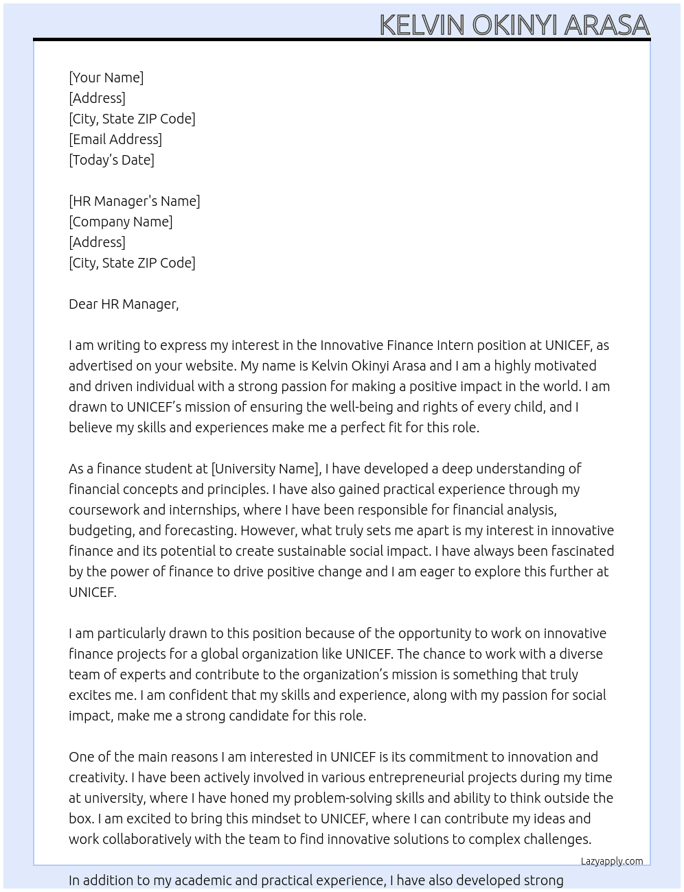 Innovative finance intern  At UNICEF  Cover Letter