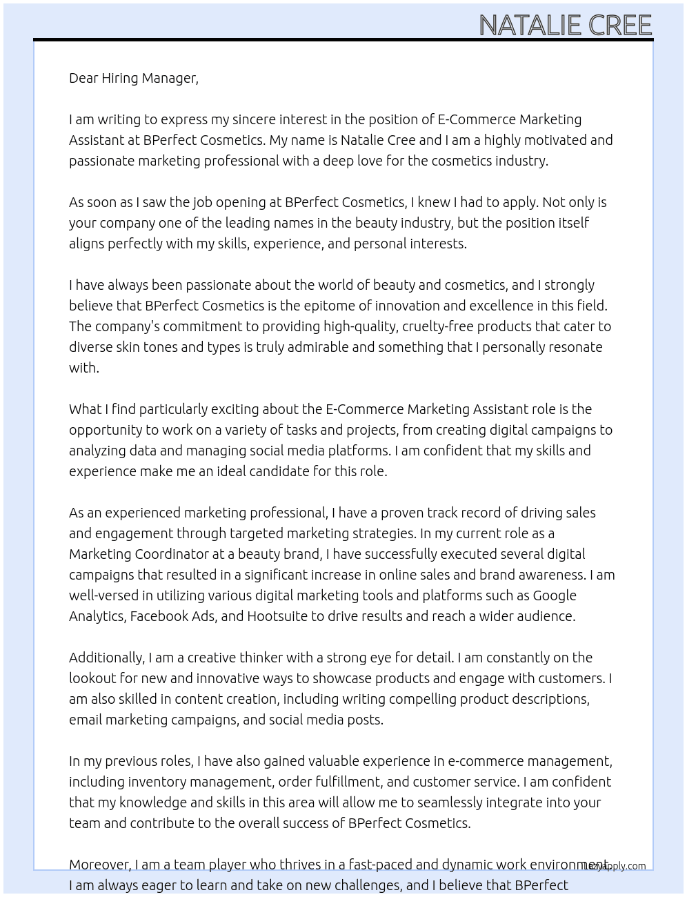 E-Commerce Marketing Assistant At BPerfect Cosmetics Cover Letter