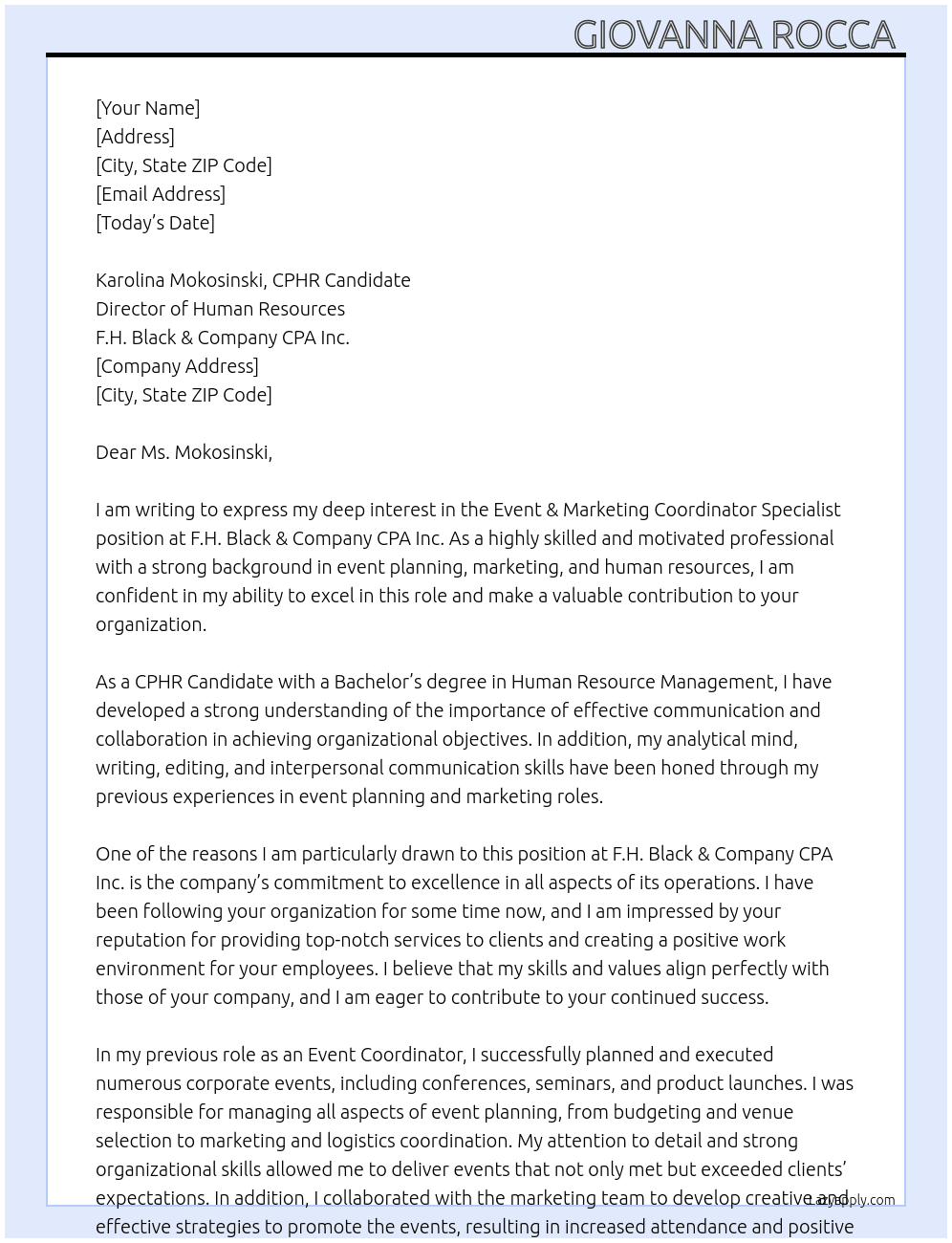 Event & Marketing Coordinator Specialist  At F.H Black & Company CPA Inc Cover Letter