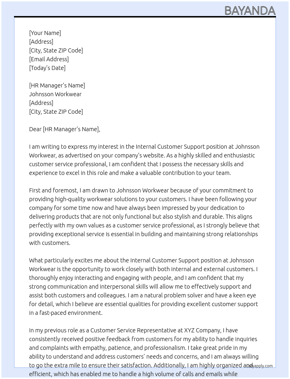 Internal customer support At Johnsson workwear Cover Letter