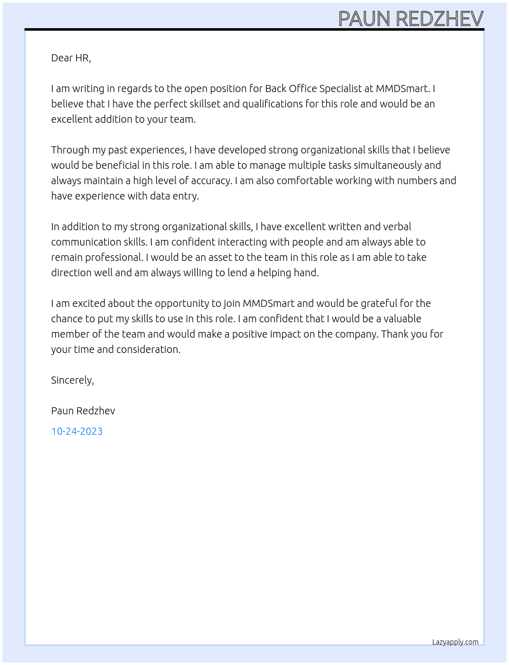 Back office specialist At MMDSmart Cover Letter