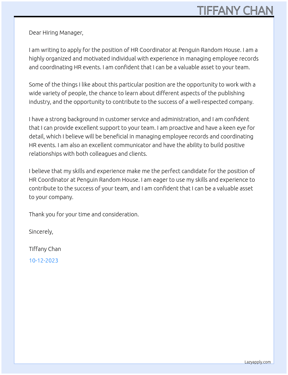 HR Coordinator At Penguin Random House Cover Letter