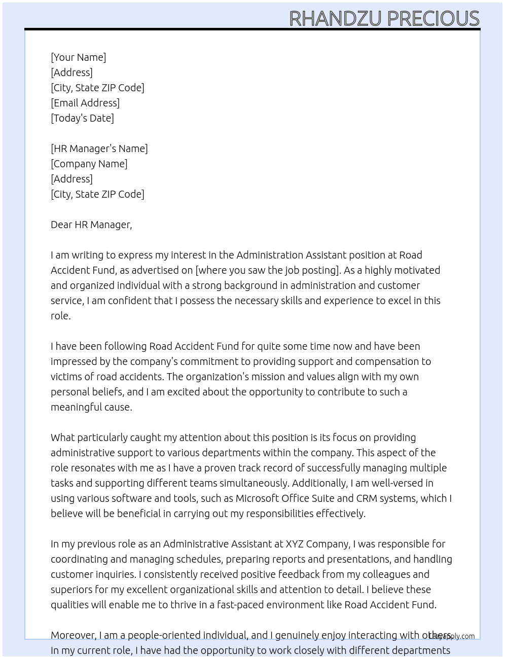Administration Assistant  At Road Accident Fund Cover Letter