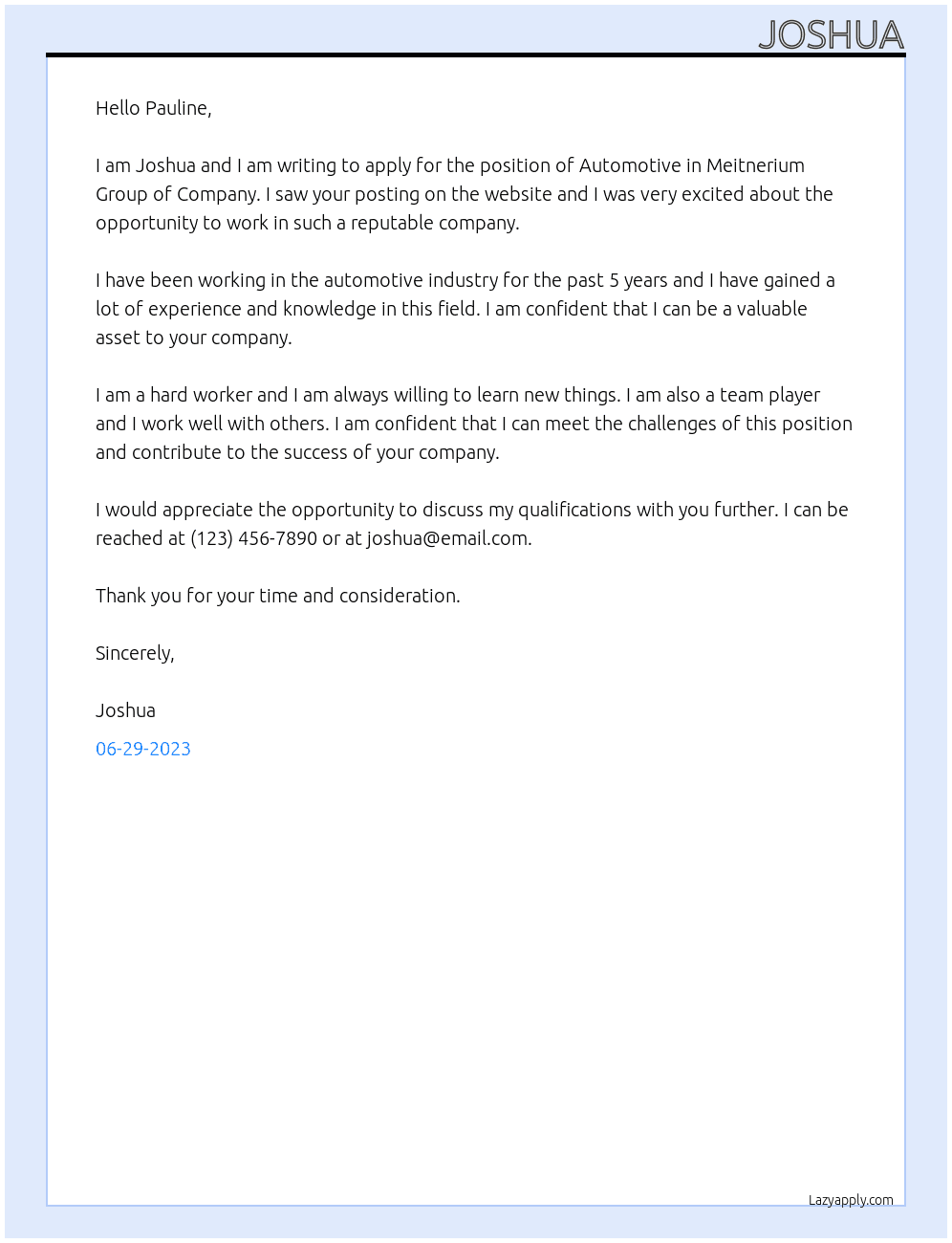 Automotive  At Meitnerium Group of Company Cover Letter
