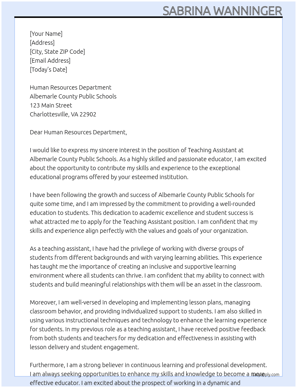 teaching assistant At Albemarle County Public Schools Cover Letter