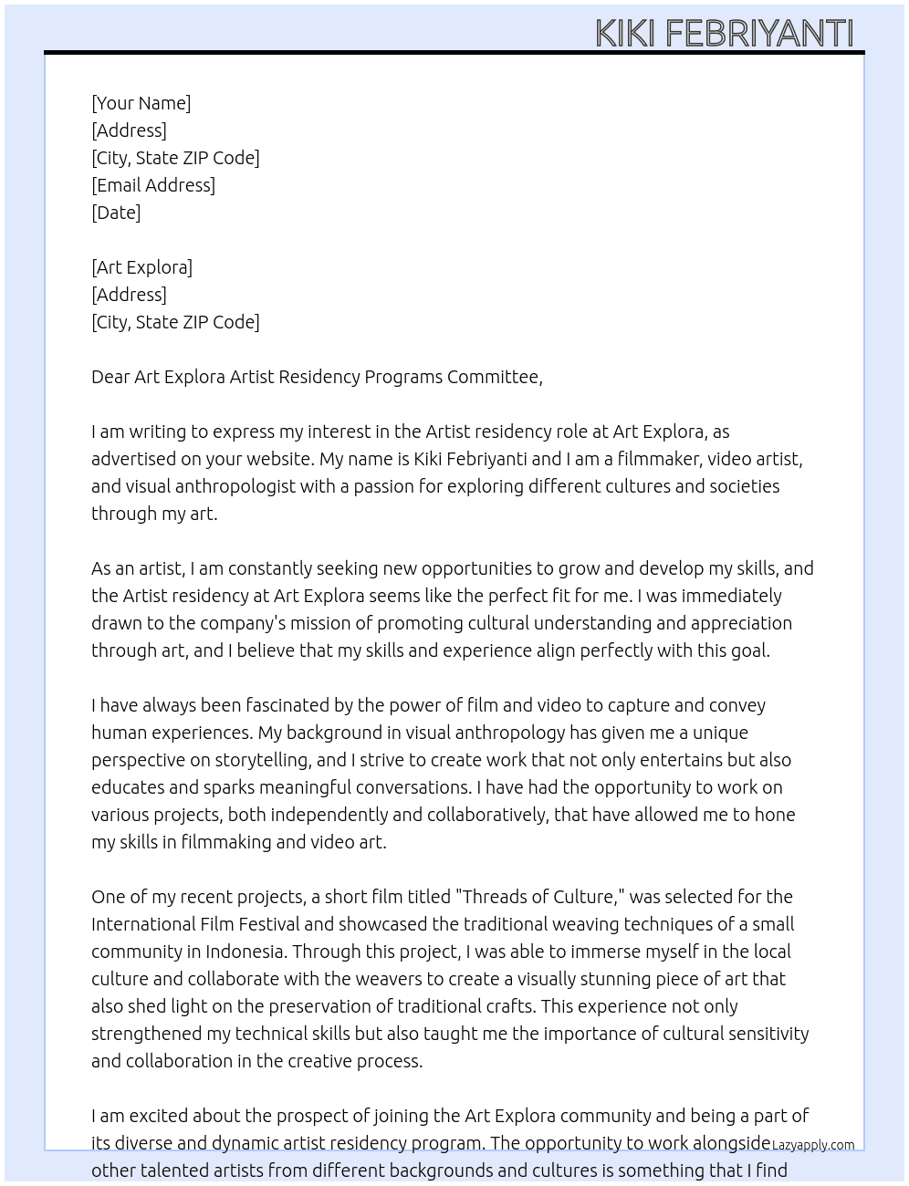 Artist  At Art Explora Cover Letter