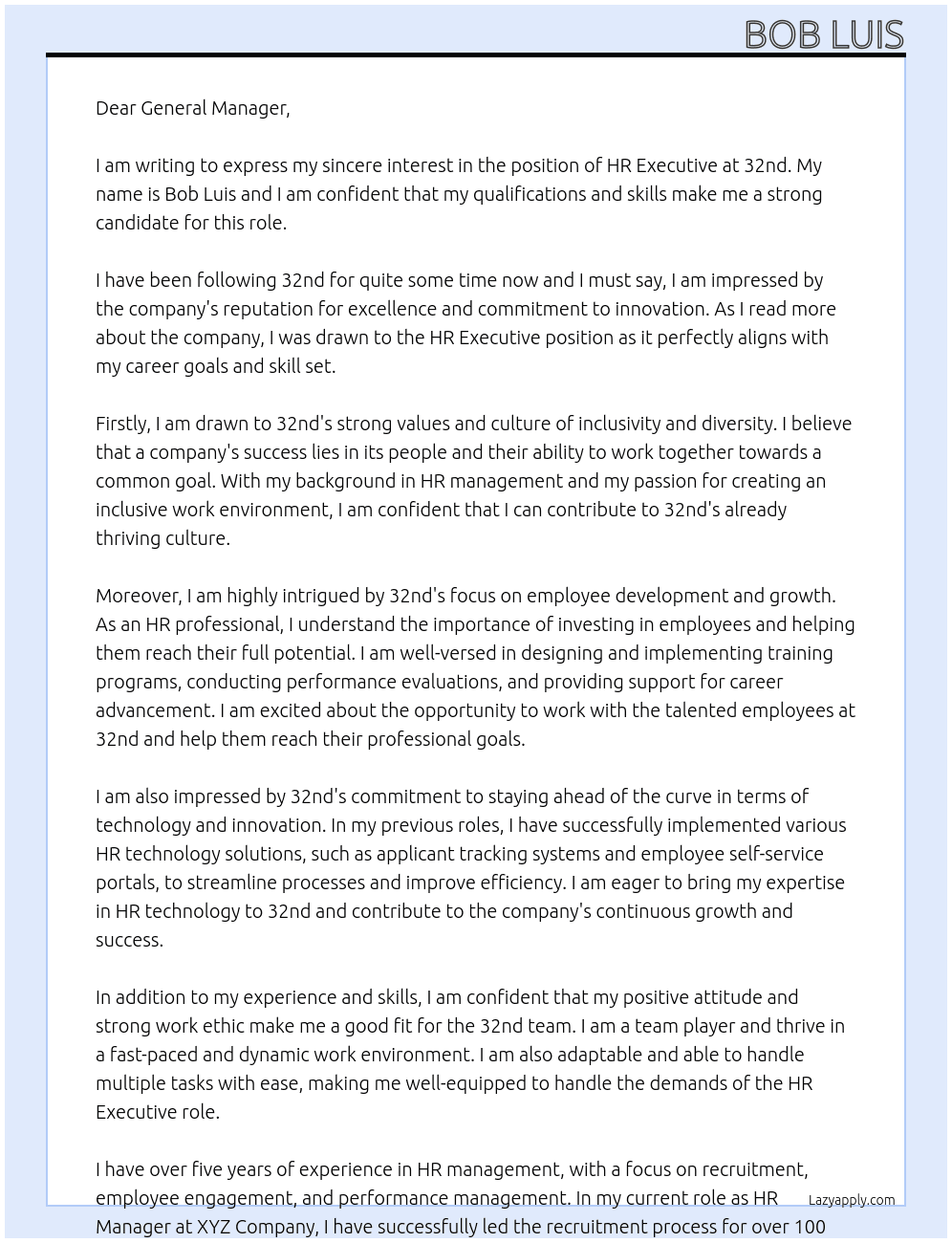 HR Executive At 32nd Cover Letter