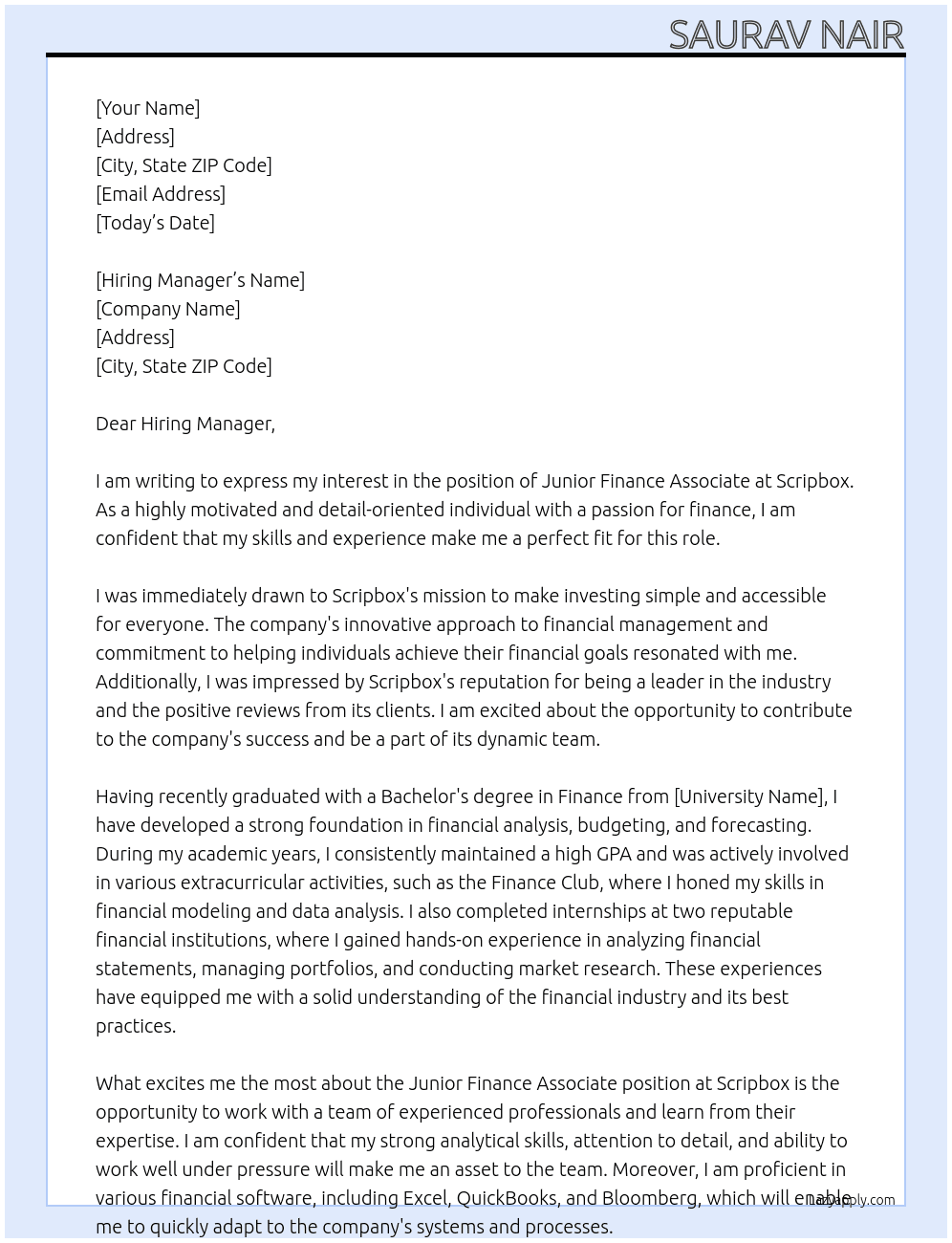 Junior Finance Associate At Scripbox Cover Letter