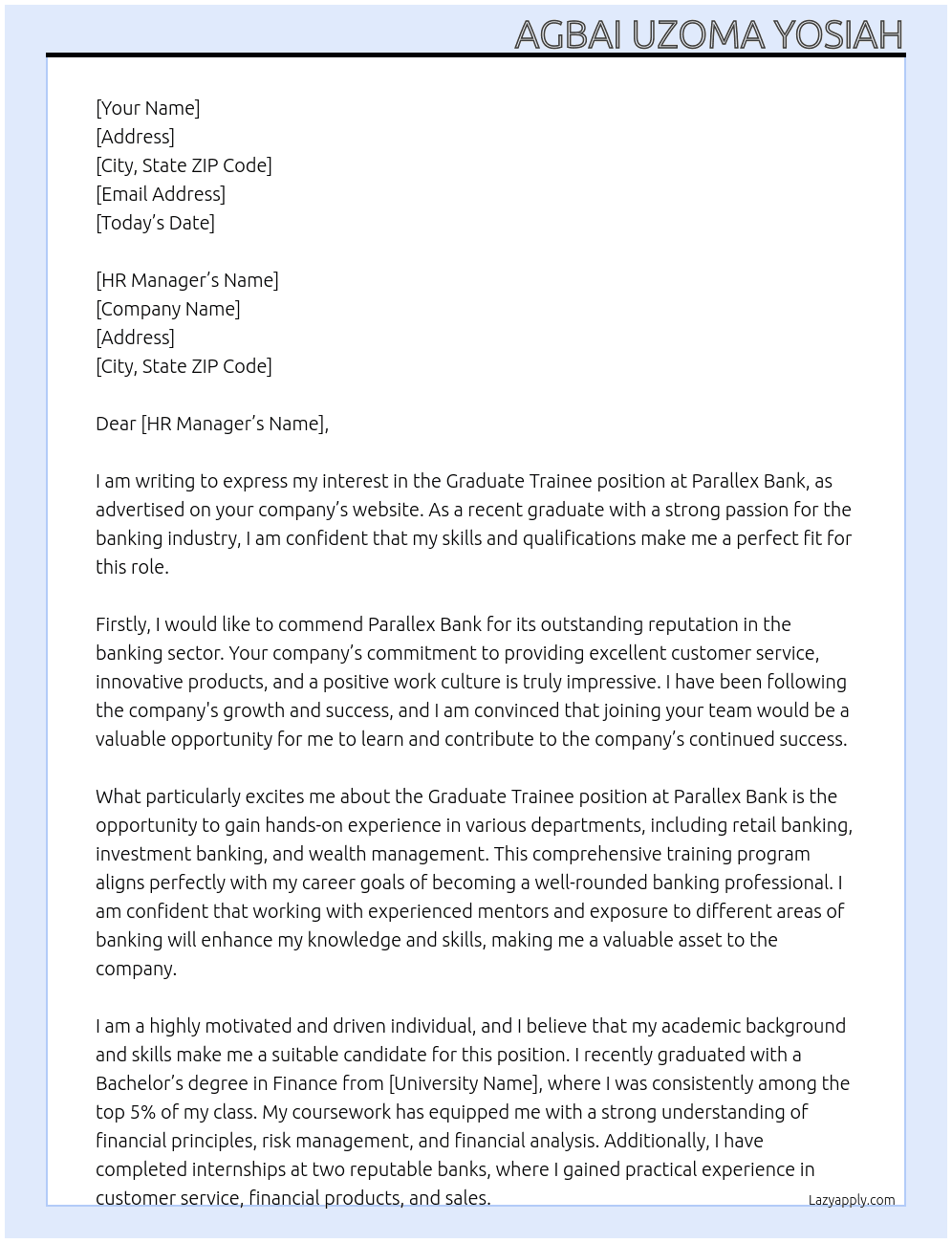 Graduate Trainee  At Parallex Bank Cover Letter