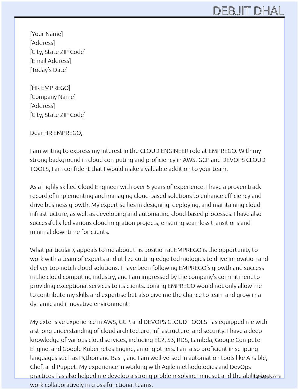 CLOUD ENGINEER At EMPREGO Cover Letter