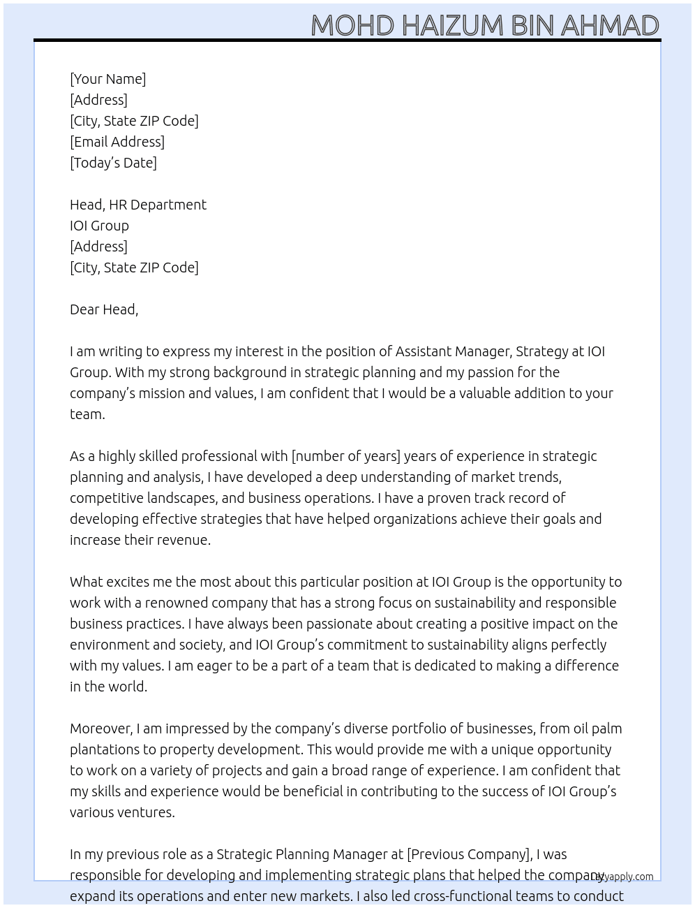 Assistant Manager, Strategy At IOI GROUP Cover Letter