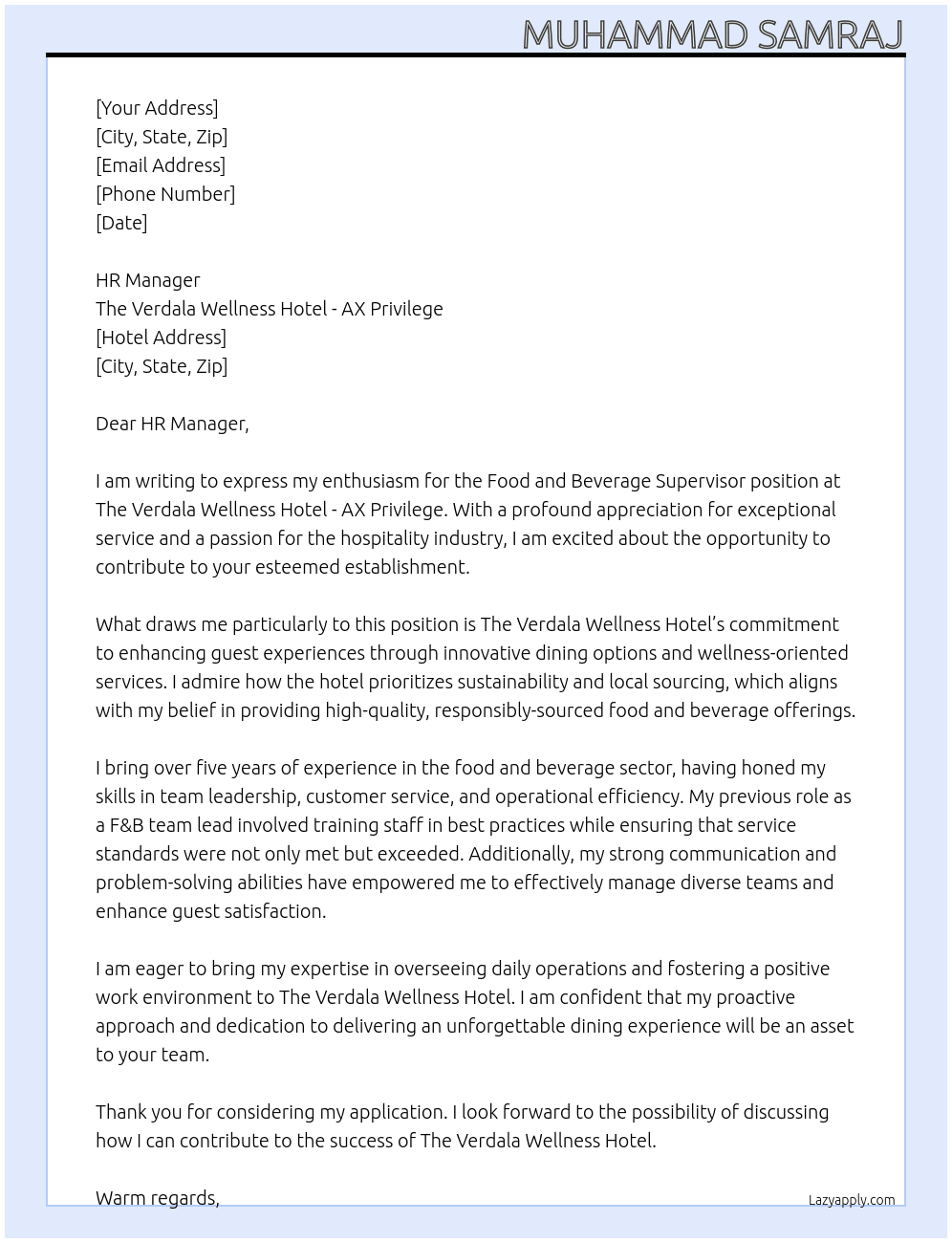 Food and Beverage Supervisor At the Verdala Wellness Hotel-AX Privilege Cover Letter