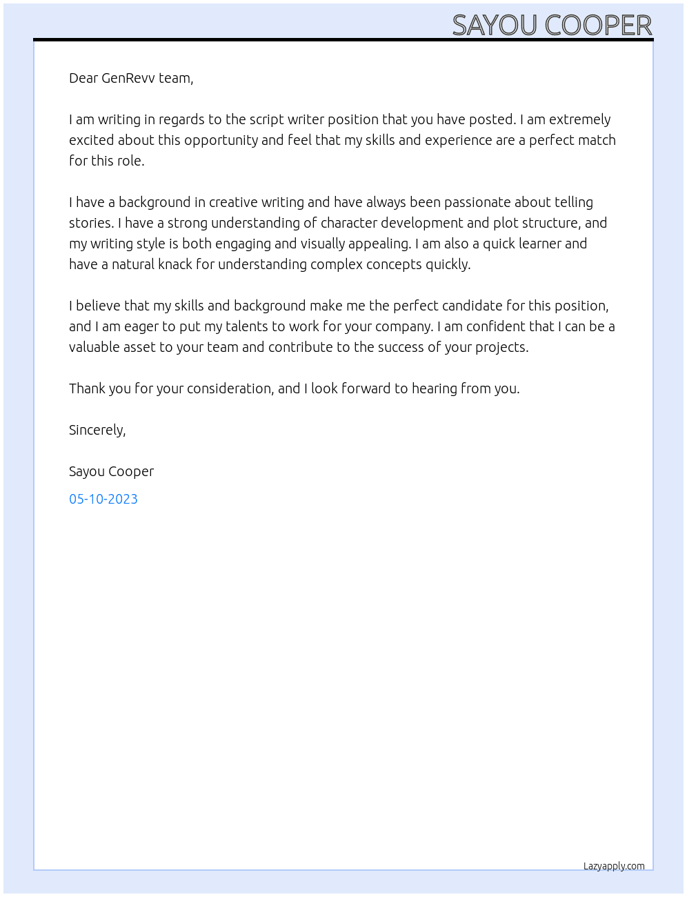 Script Writer At GenRevv Cover Letter