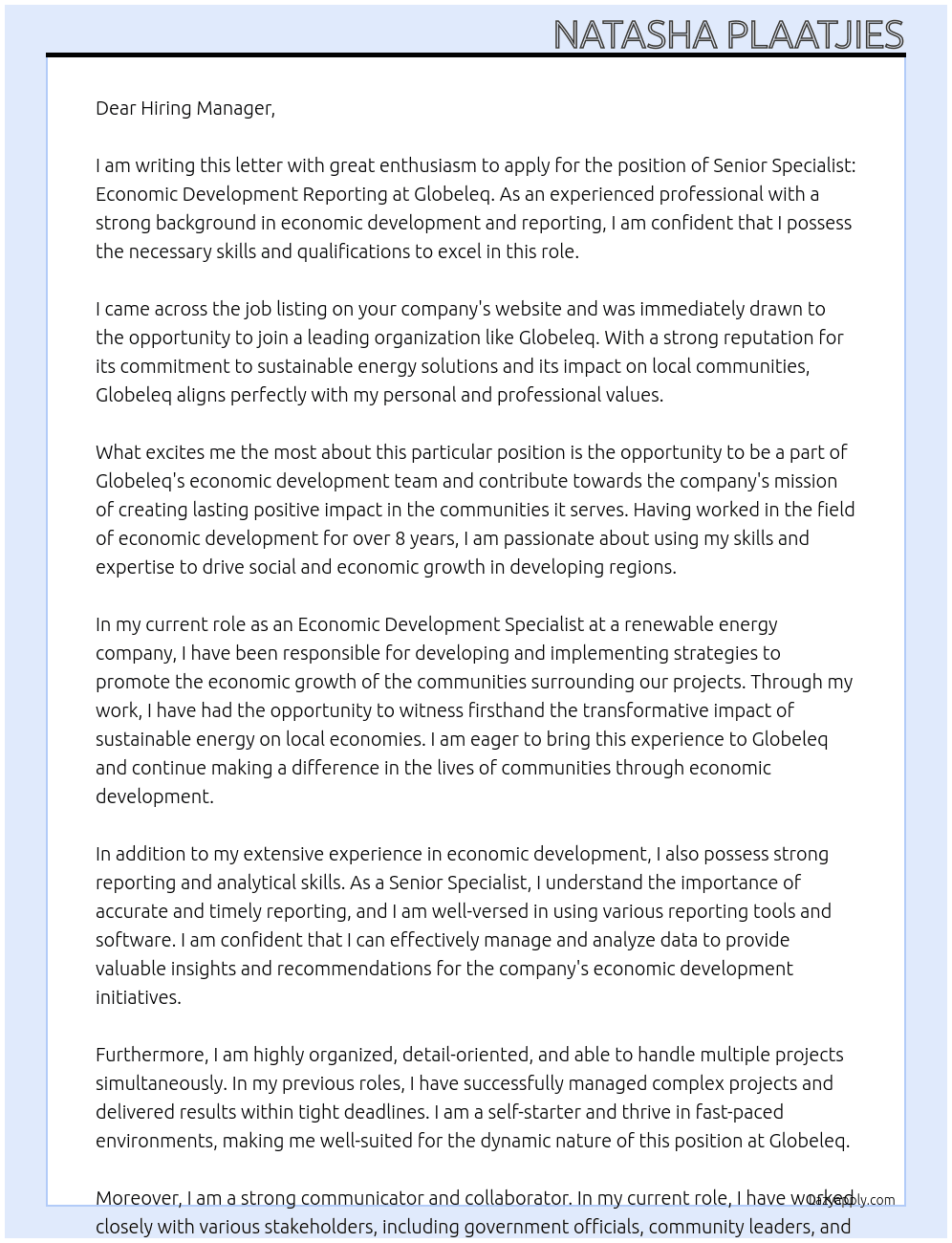 Senior Specialist: Economic Development Reporting At Globeleq Cover Letter