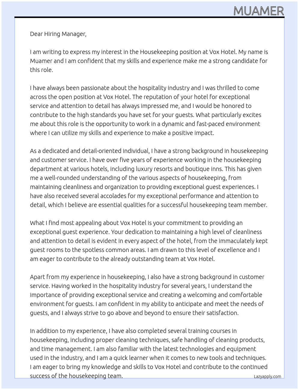 housekeeping At vox hotel Cover Letter