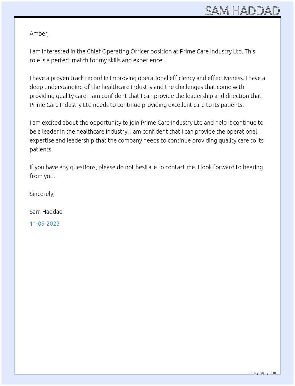 Chief Operating Officer At Prime Care Industry Ltd Cover Letter