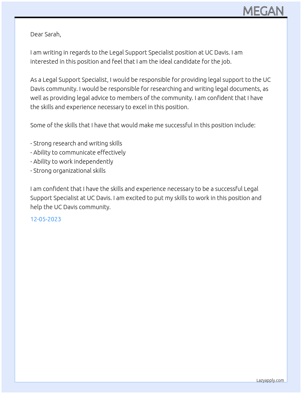 Legal Support specialist At uc daviss Cover Letter