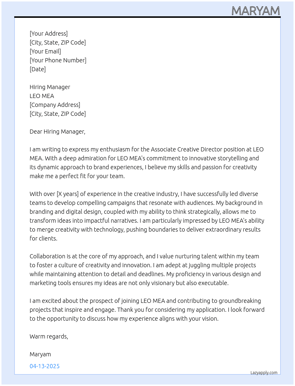Associate Creative Director At LEO MEA Cover Letter
