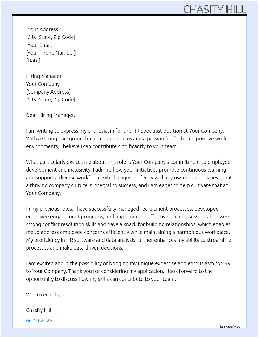 Cover letter for hr specialist - LazyApply