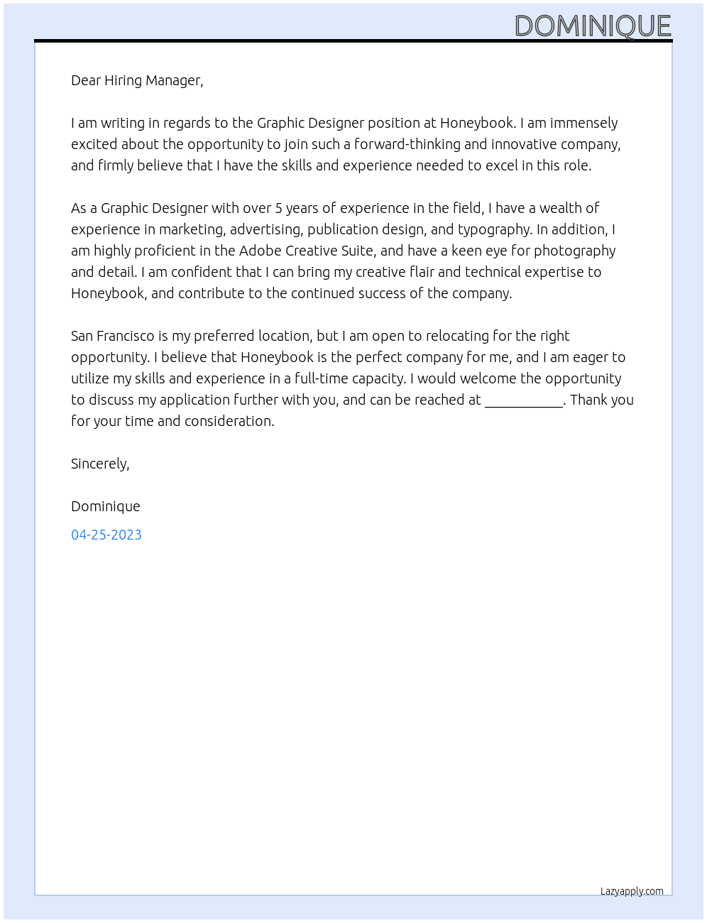 Graphic Designer At Honeybook Cover Letter