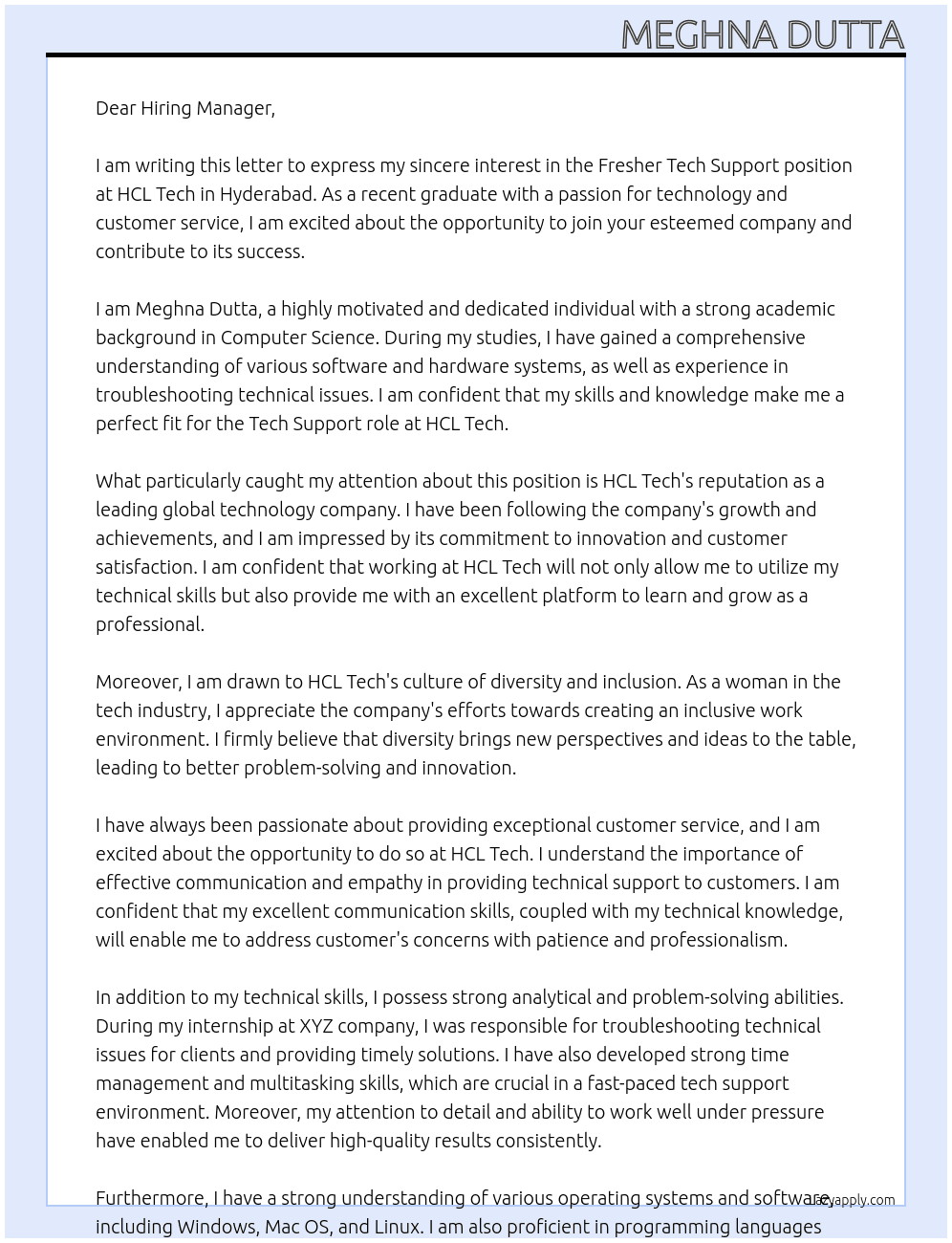 Fresher Tech Support At HCL Tech Cover Letter