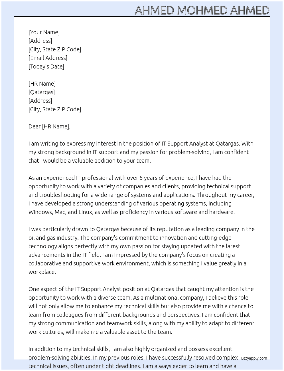 IT Support Analyst At Qatargas Cover Letter