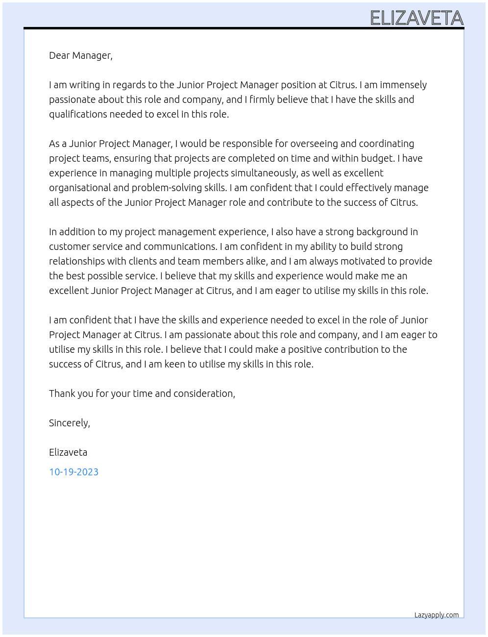 Junior Project Manager At Citrus Cover Letter