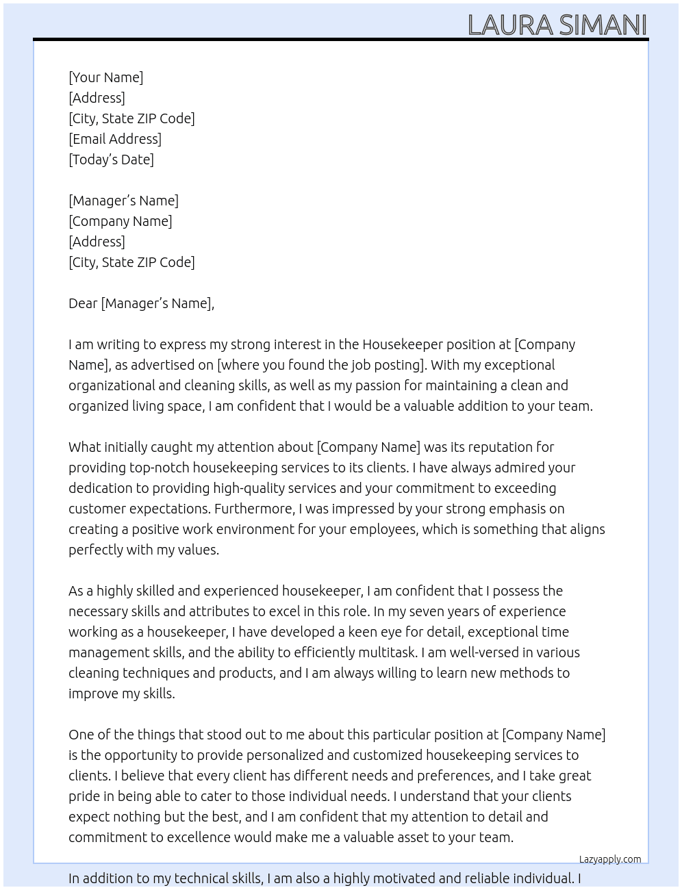 House keeper At house manager Cover Letter