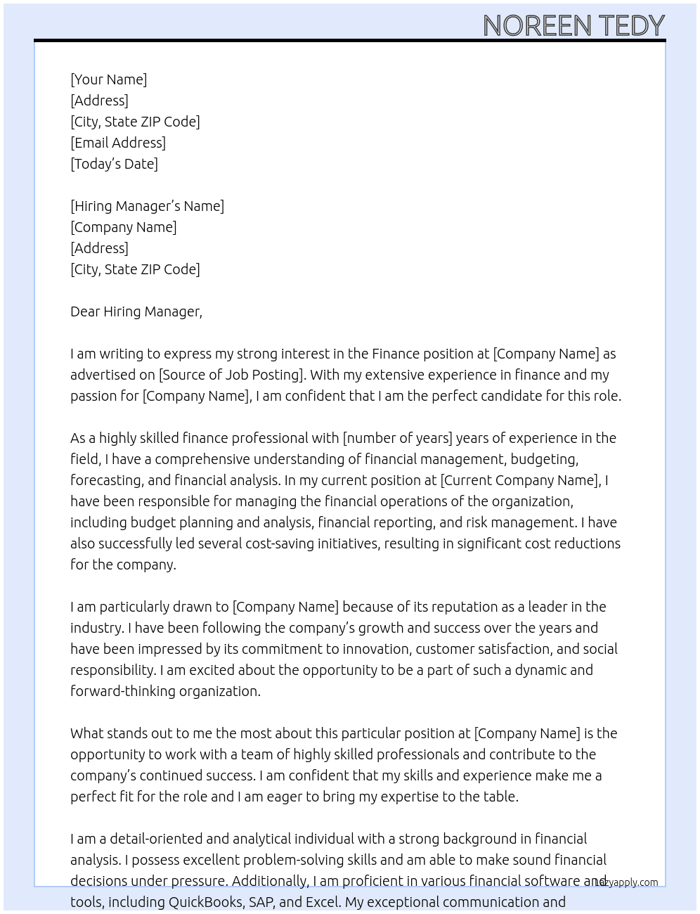 Finance At companies Cover Letter
