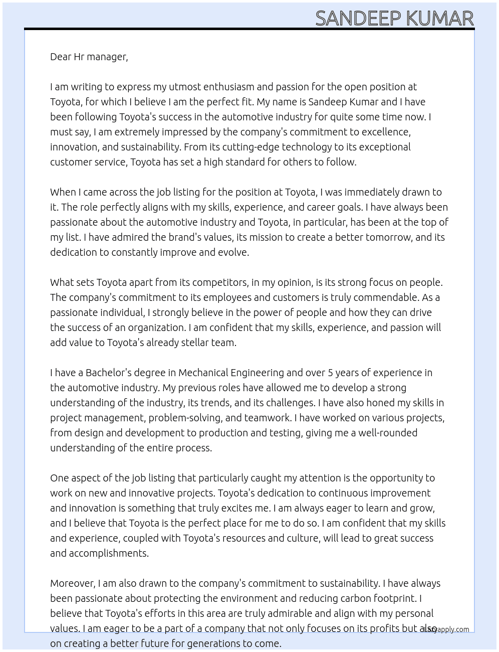 Cover letter for toyota - LazyApply