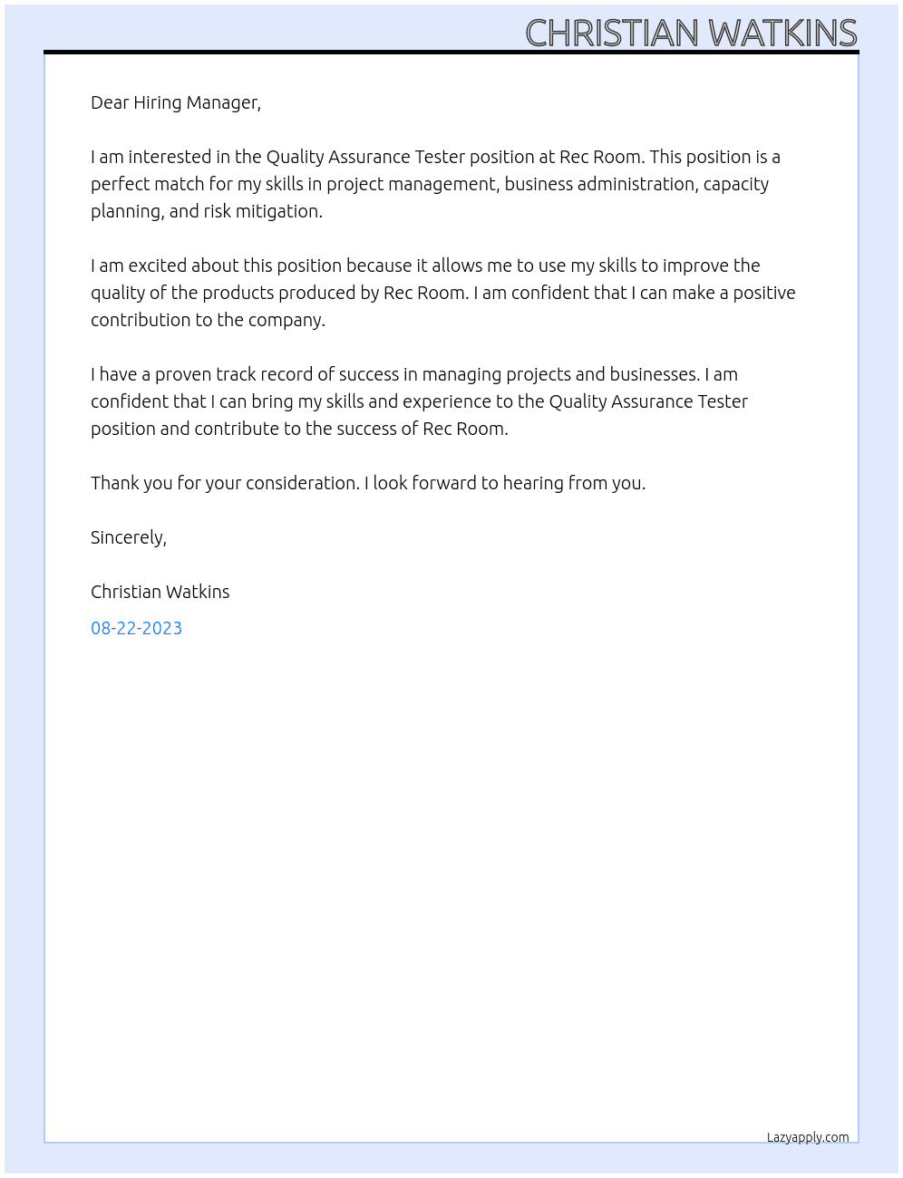 Quality Assurance Tester At Rec Room Cover Letter