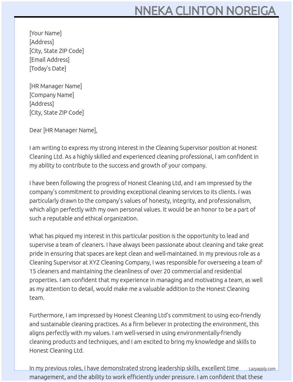 Cleaning Supervisor  At Honest Cleaning Ltd Cover Letter