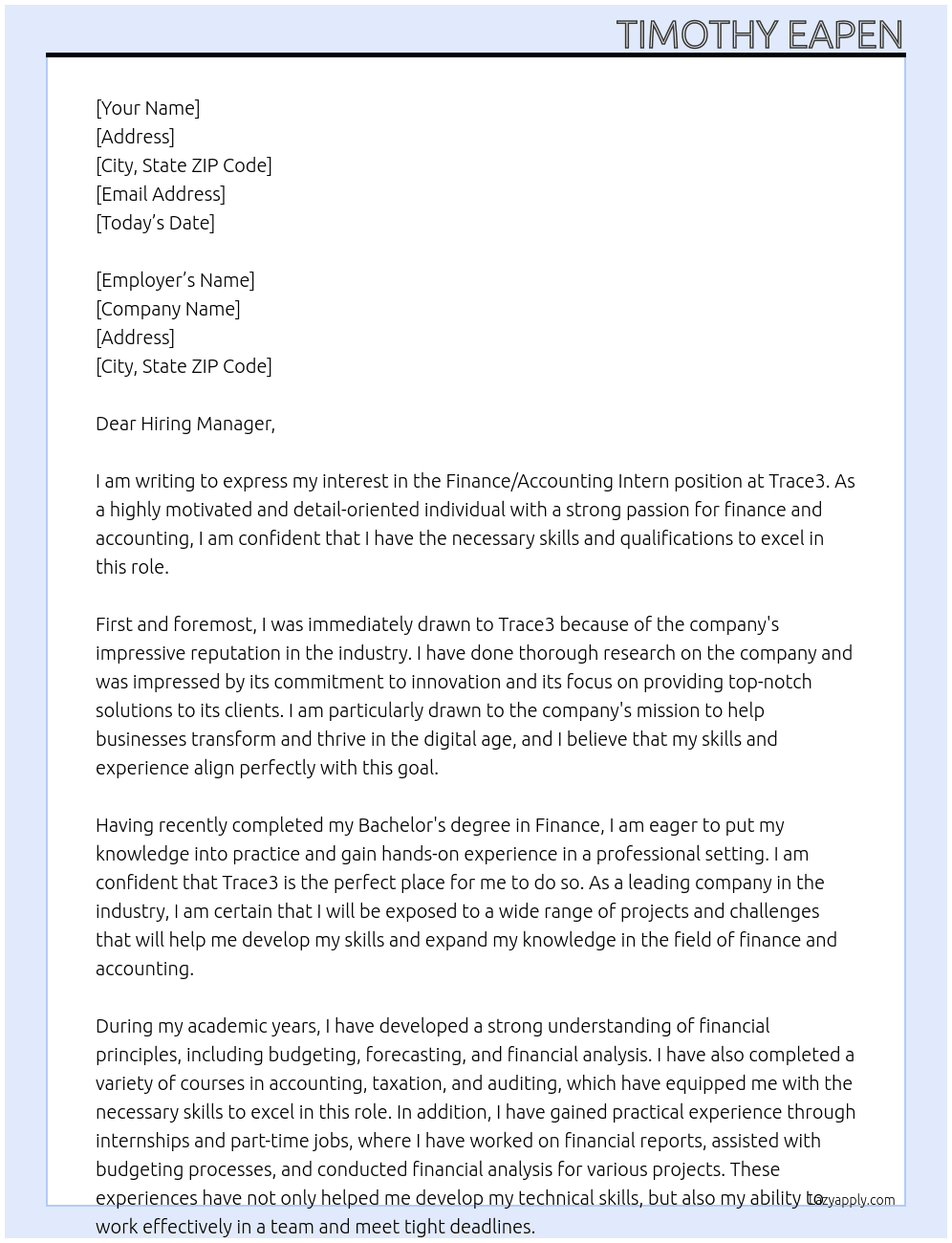 Finance/Accounring Intern At Trace3 Cover Letter