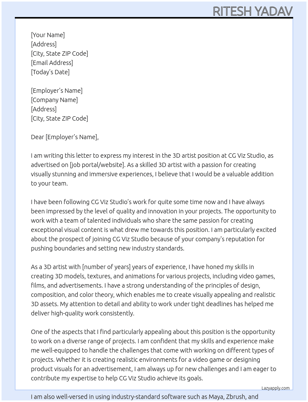3d artist At cg viz studio Cover Letter