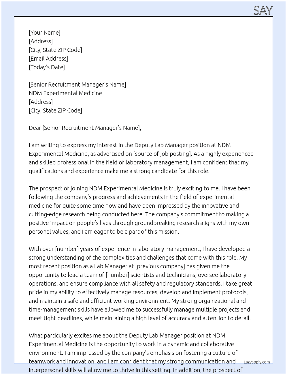 Deputy Lab manager At NDM Experimental Medicine Cover Letter