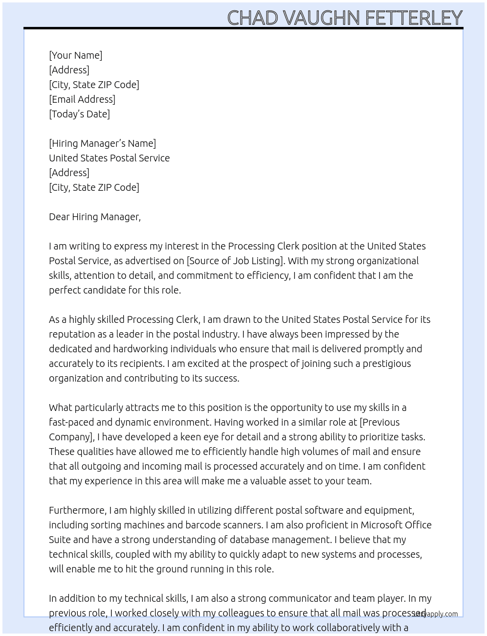 Processing Clerk At United States Postal Service Cover Letter